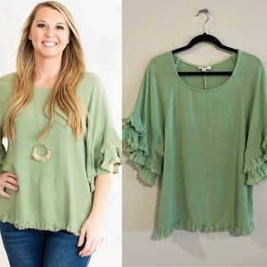 Umgee Women’s Tunic Medium Green Linen Cotton Blend Longline Oversized Tiered